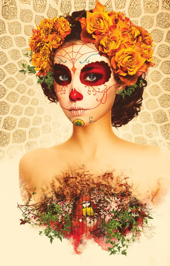 Digital artwork by an unknown artist depicts a woman with Calavera Catrina makeup adorned with orange roses against a gold patterned background featuring a bird in a cage nestled within a vibrant floral arrangement