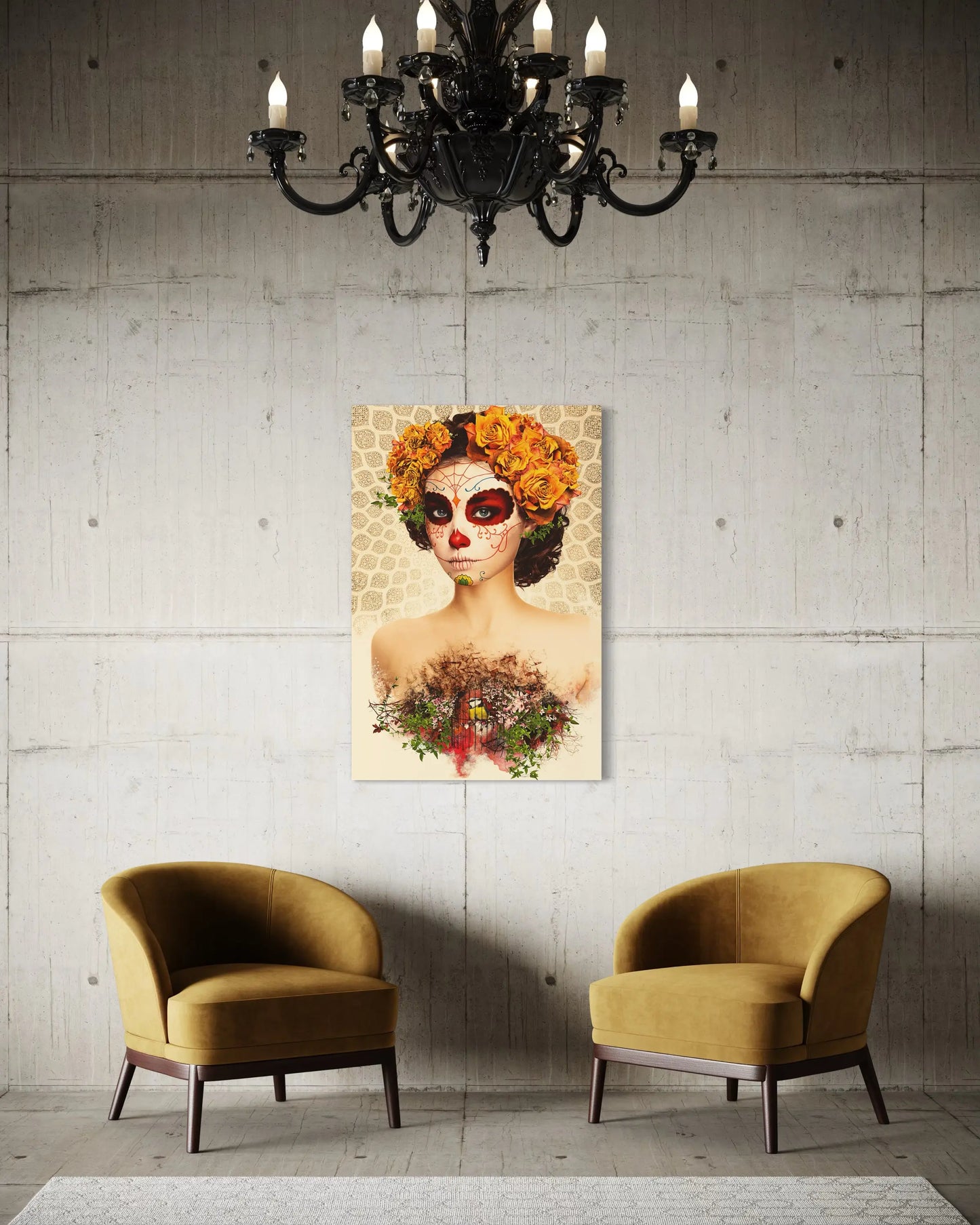 Digital art depicting a Sugar Skull woman adorned with orange roses against a patterned background featuring a bird in a cage and  a red gate vibrant colors and intricate details
