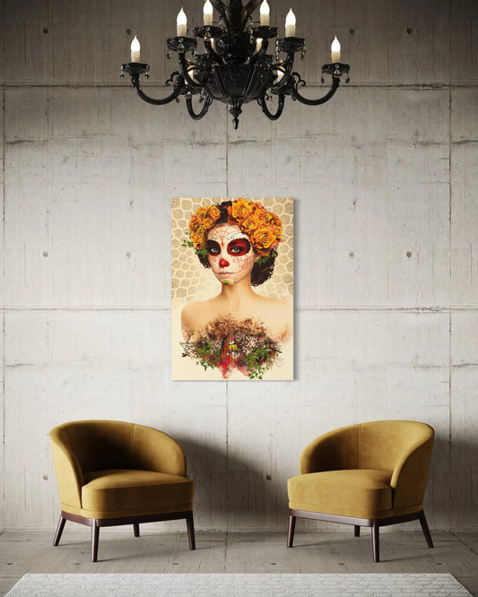 Digital art depicting a Sugar Skull woman adorned with orange roses against a patterned background featuring a bird in a cage and  a red gate vibrant colors and intricate details
