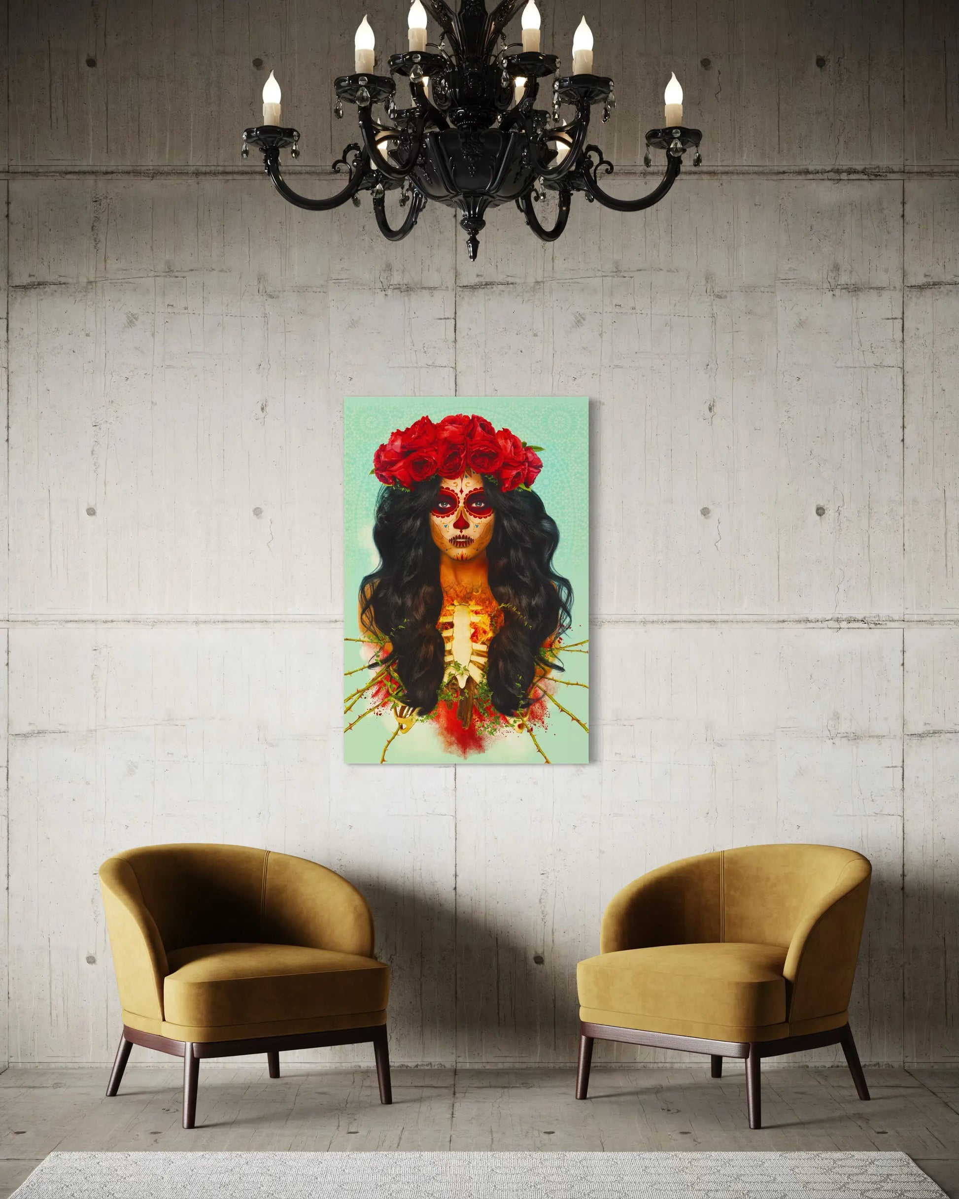 Digital art of a woman with sugar skull makeup and a red rose crown against a teal background showcasing exposed ribs, vibrant red roses, and detailed bone structure
