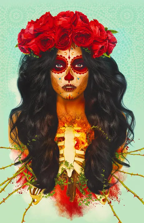 Digital art depicting a woman with a sugar skull makeup and a crown of red roses, her exposed ribcage entwined with greenery and thorns against a mint green background
