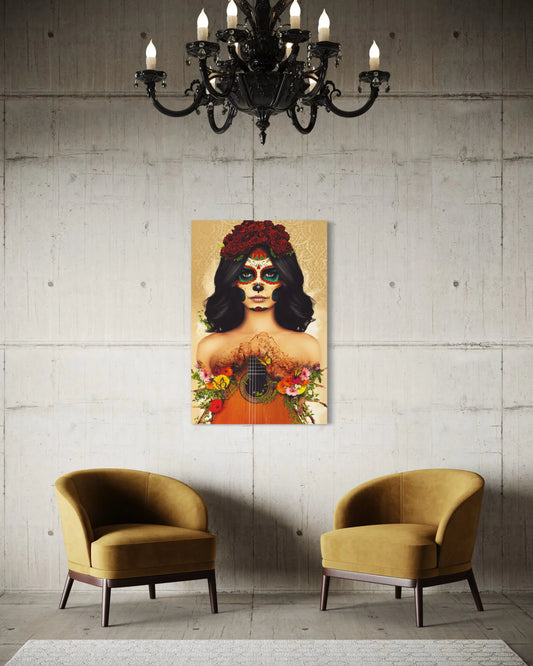 Digital art of a woman with a sugar skull makeup and a guitar growing from her chest against a textured wall featuring a black chandelier and vibrant floral details
