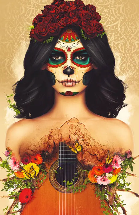 Digital painting by unknown artist depicting a woman with a Sugar Skull makeup, a crown of red roses, and a guitar growing from her chest featuring vibrant flowers and butterflies against a beige background