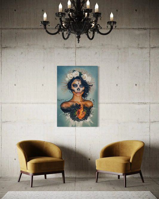 Digital art depicting a woman with a sugar skull makeup, a crown of white roses, and a flaming heart against a teal background featuring dark, thorny branches and a golden sunburst halo